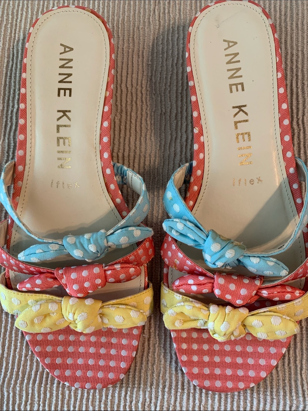 Anne Klein Polka Dot Bow Sandals in Coral, Blue & Yellow